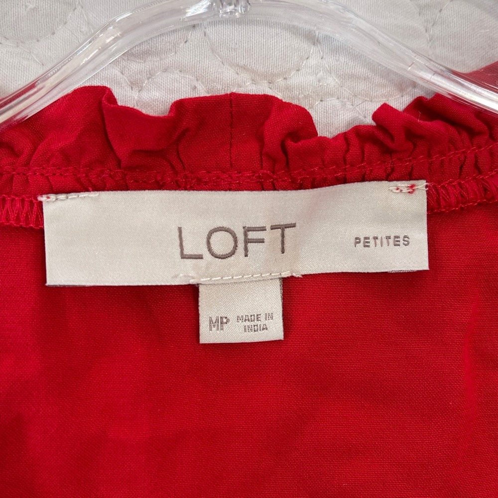 LOFT Petites Red Ruffle V Neck Wrap Long Sleeve Peplum Top Size MP - Picture 4 of 5
